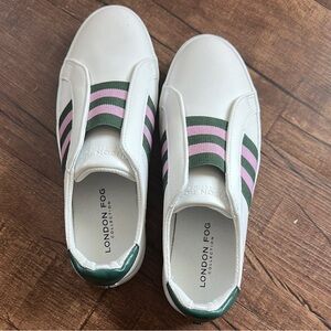 London Fog Women's White Sneakers with Green and Pink Stripes